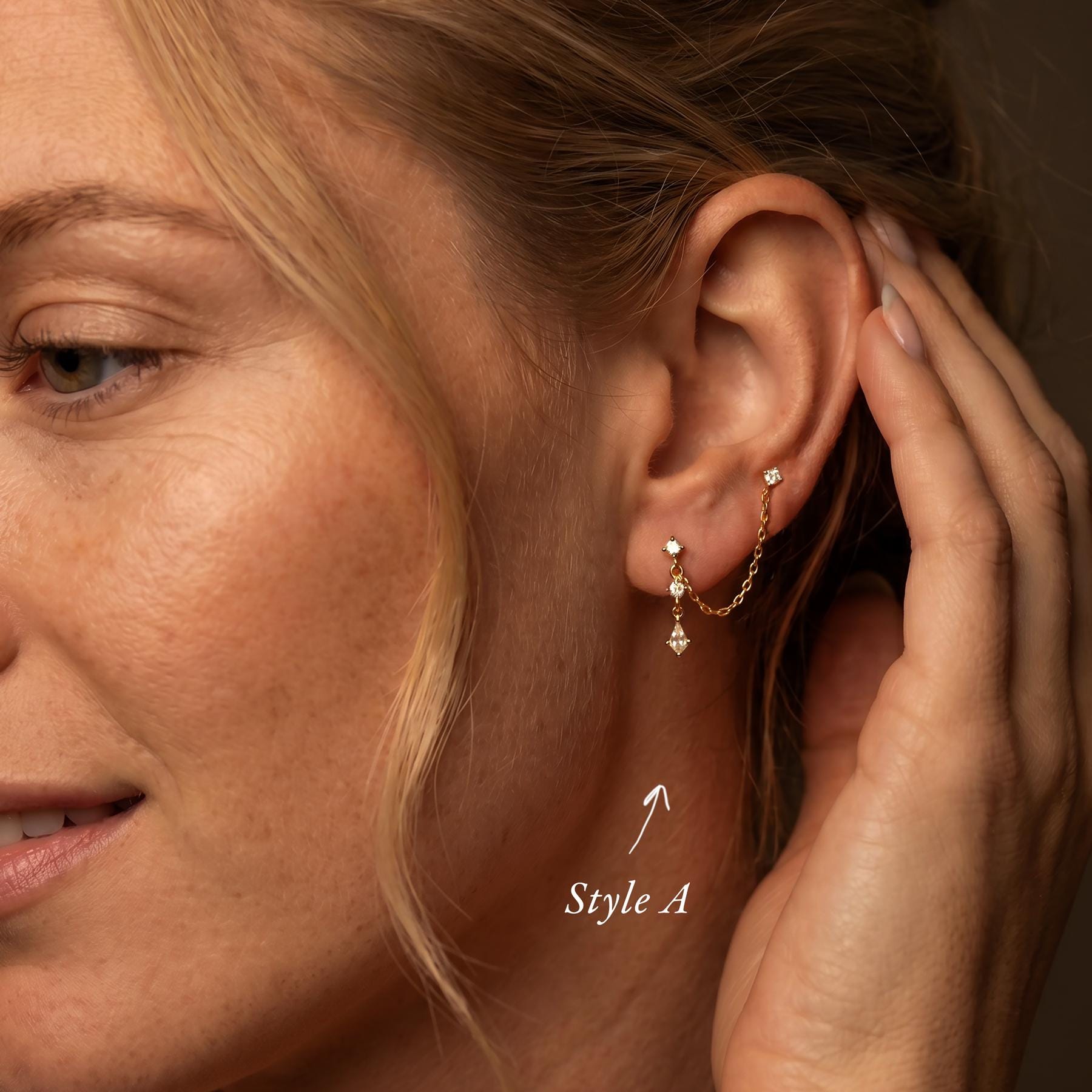 Gold Ear Stack Set, Sterling Silver Ear Cuff Chain Earrings, Kite Stud Double Chain, Layered Marquise Charm