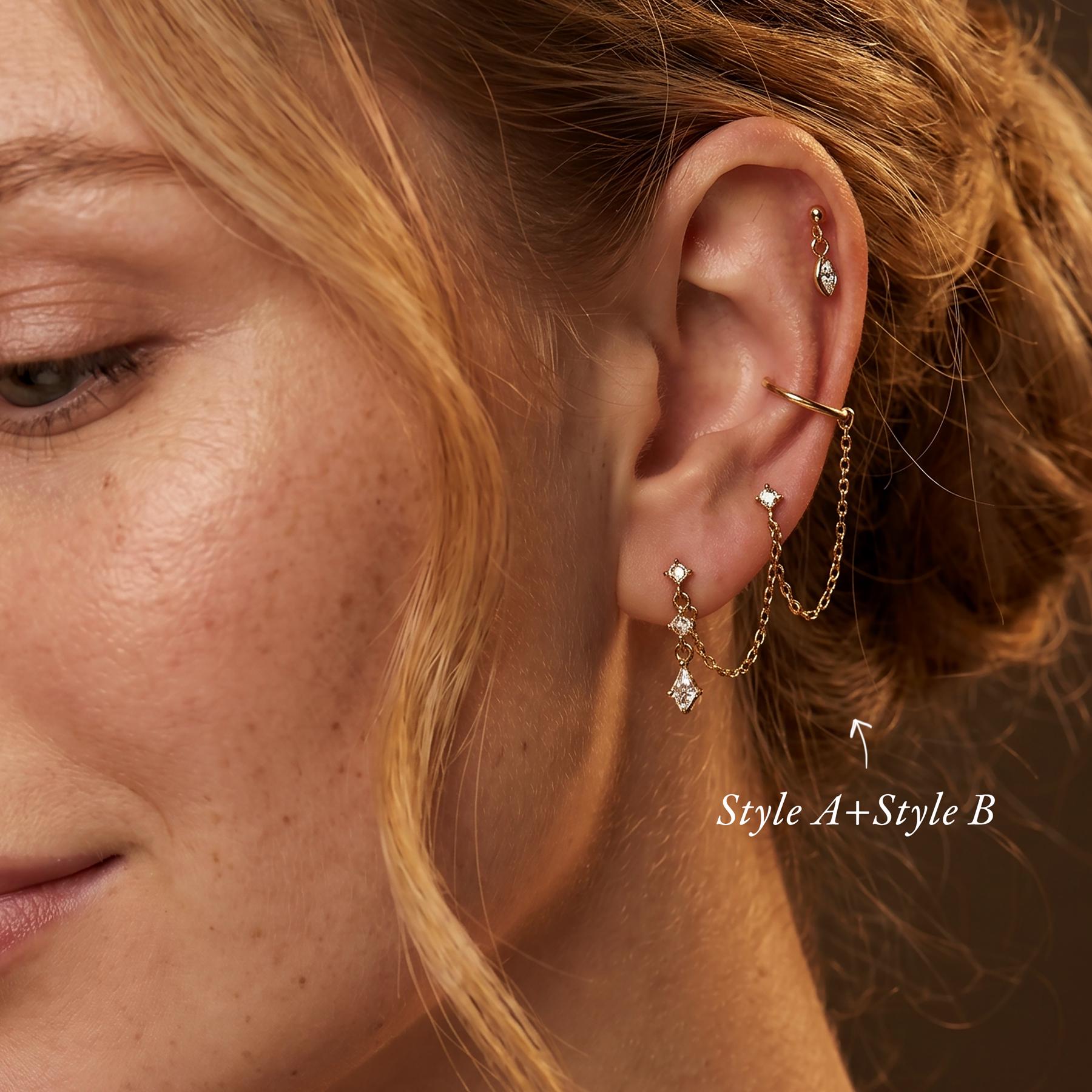Gold Ear Stack Set, Sterling Silver Ear Cuff Chain Earrings, Kite Stud Double Chain, Layered Marquise Charm