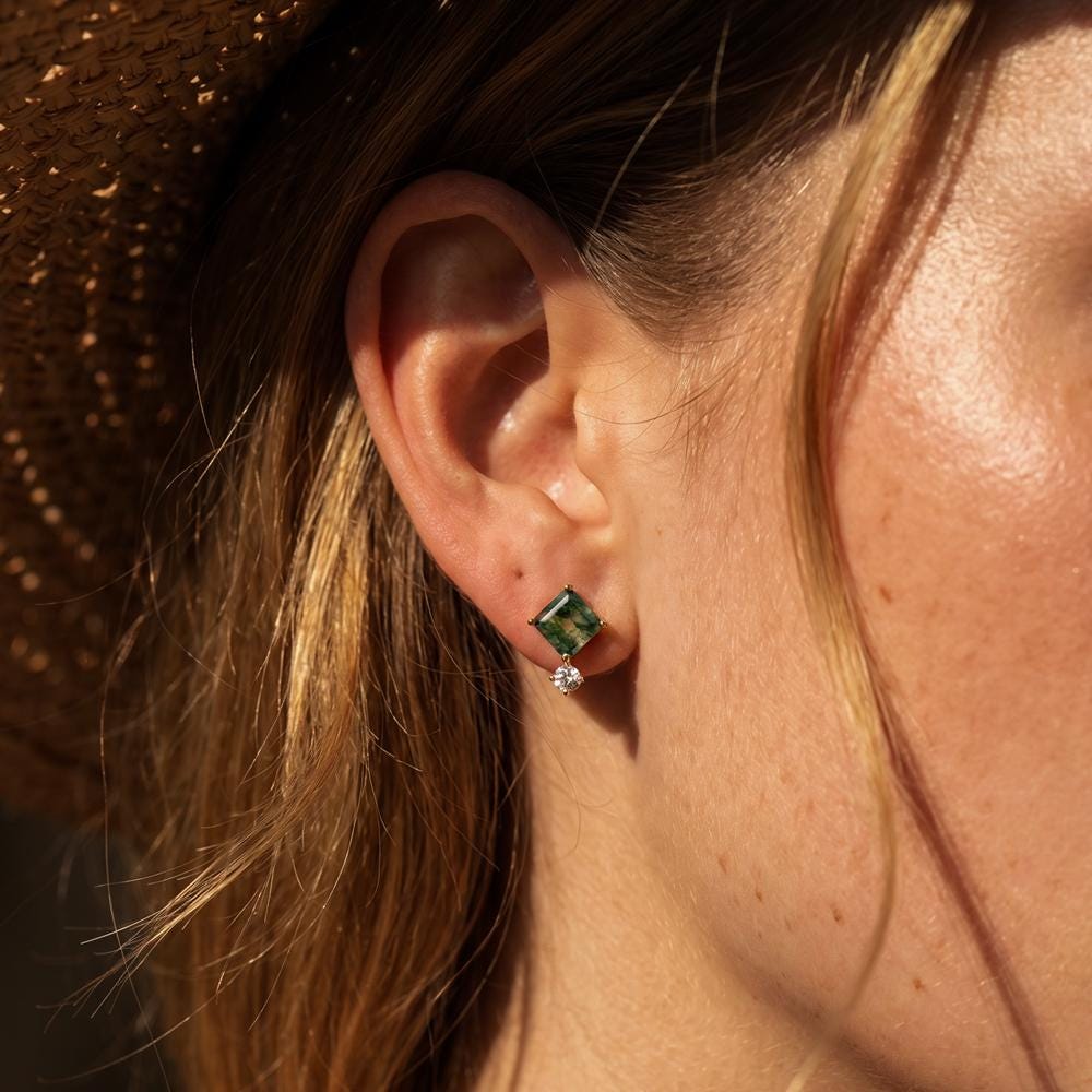 18K Gold Moss Agate Hoop Earrings: Square Huggies with CZ Diamond
