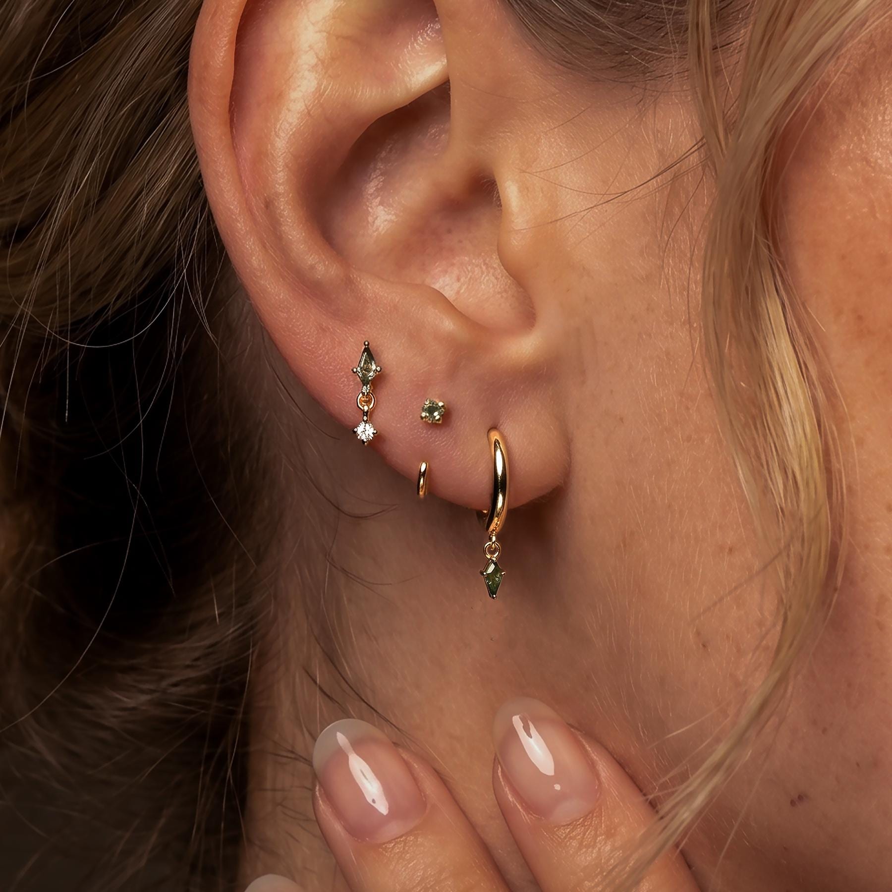 Moss Agate Earring Set, Gold Huggie Hoops, Flat Back Stud & CZ Diamond
