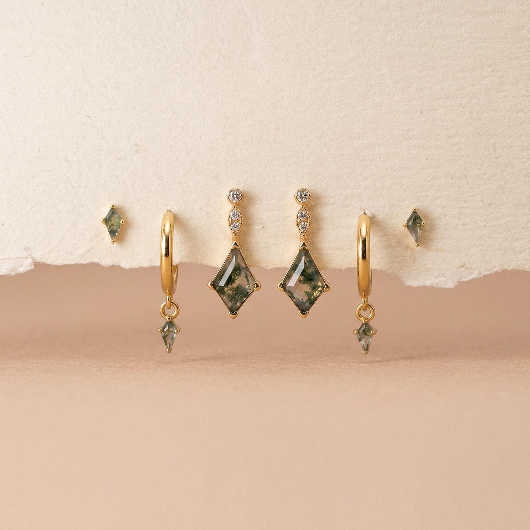 Moss Agate Earring Set, Gold Hoop, Kite Stud Earrings