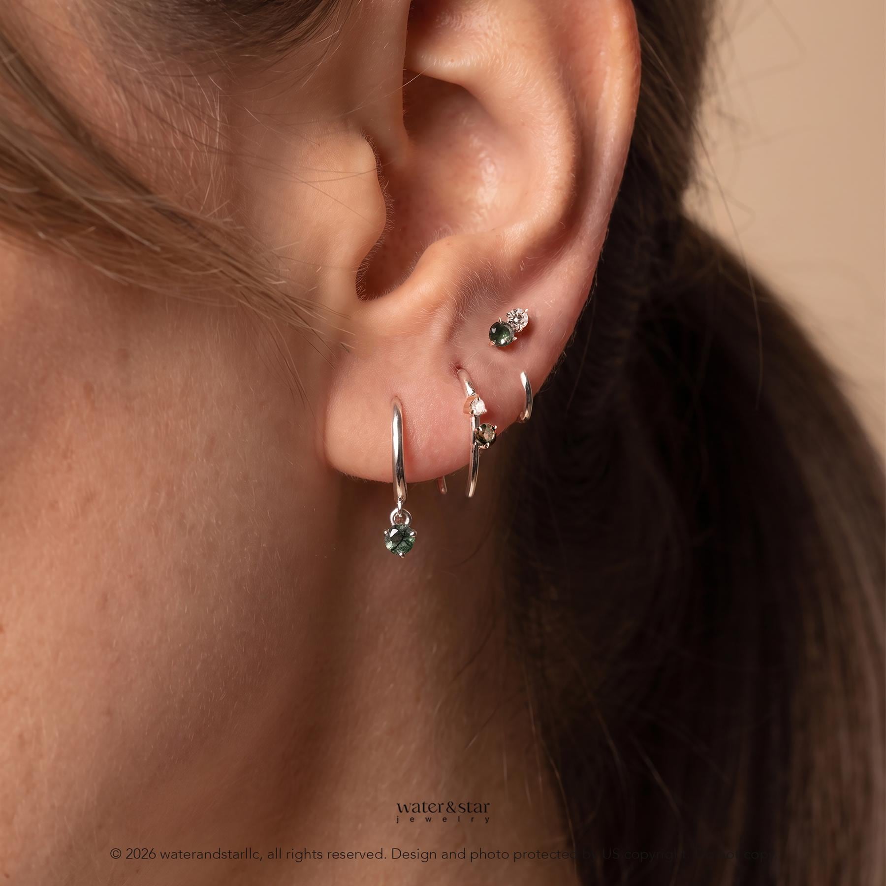 Moss Agate Earring Set, Gold Huggie Hoops, Open Huggie with CZ Diamond