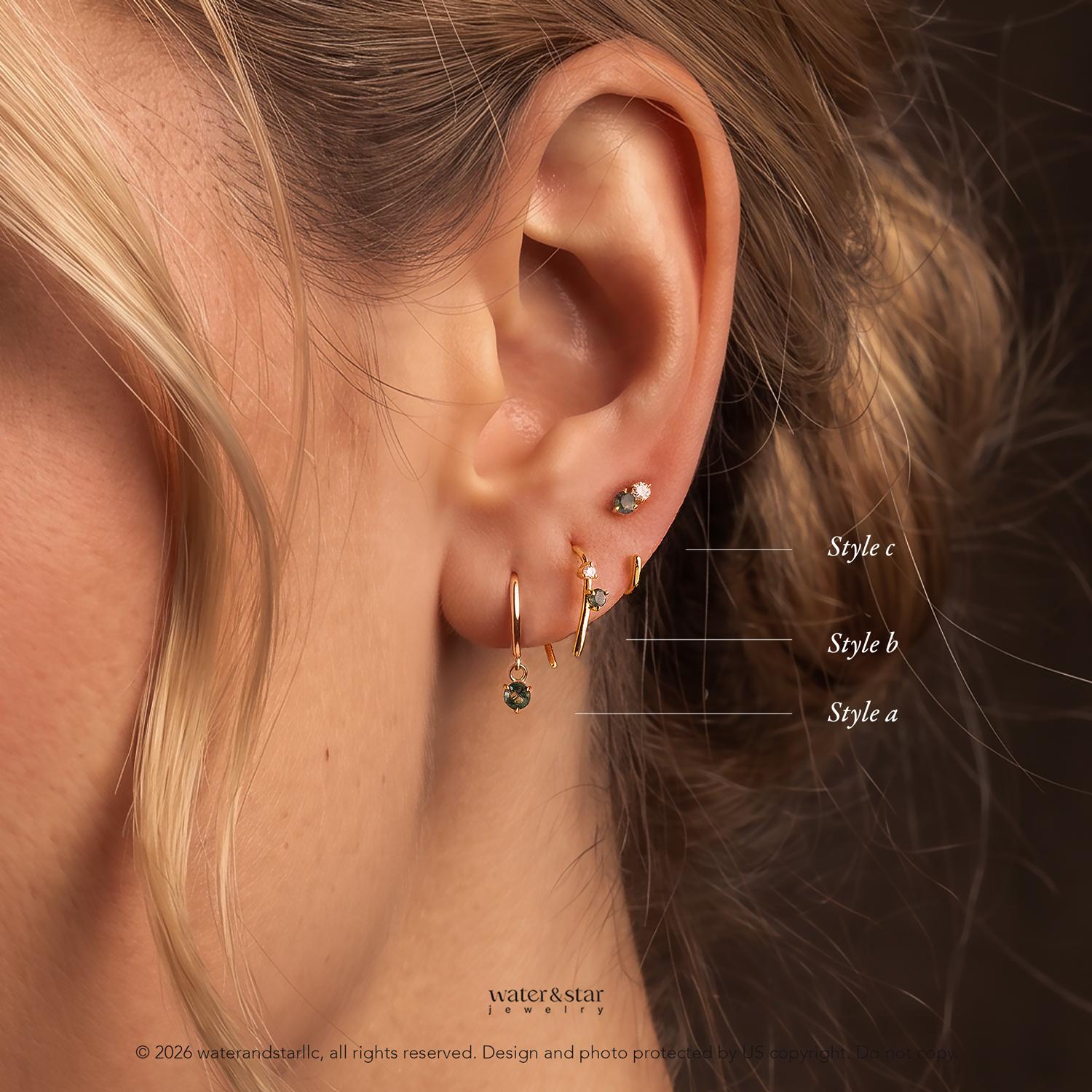 Natural Moss Agate Earring Set, Gold Huggie Hoops, Open Huggie with CZ Diamond