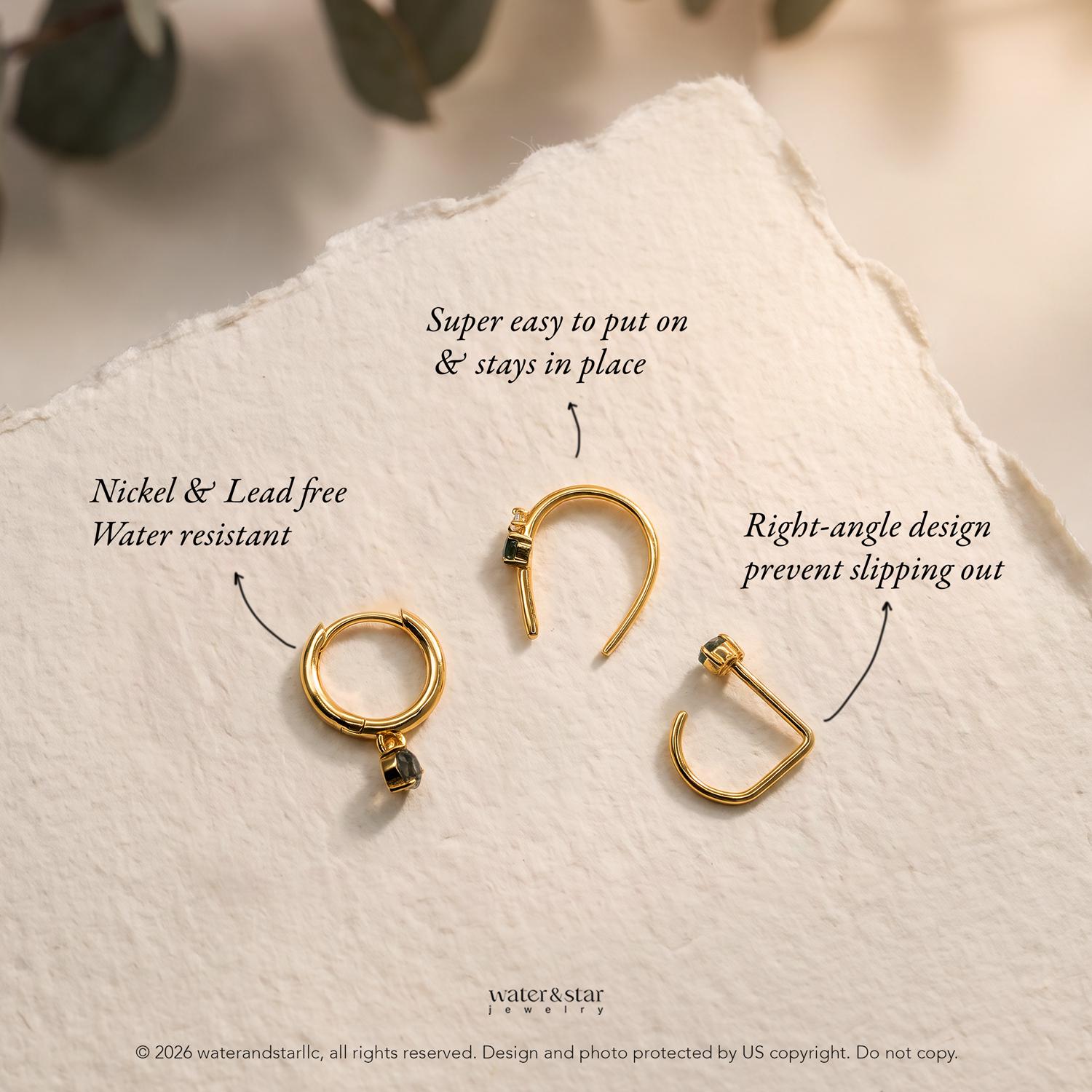 Moss Agate Earring Set, Gold Huggie Hoops, Open Huggie with CZ Diamond