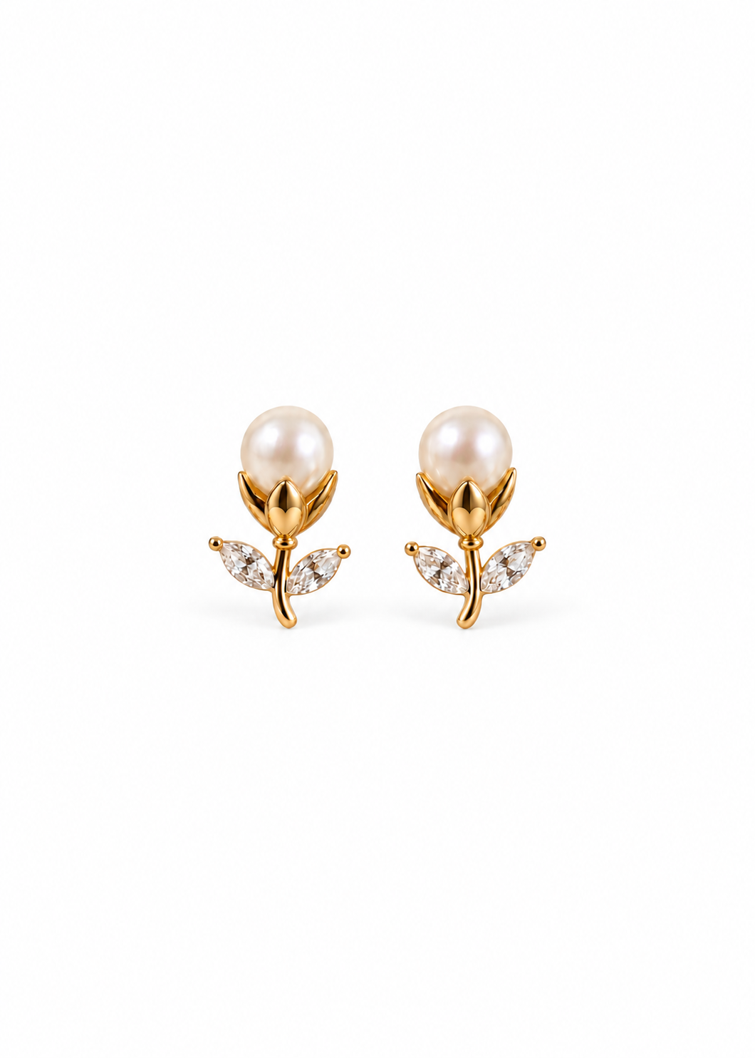 Tulip Stud Earrings with Freshwater Pearl — white background hero