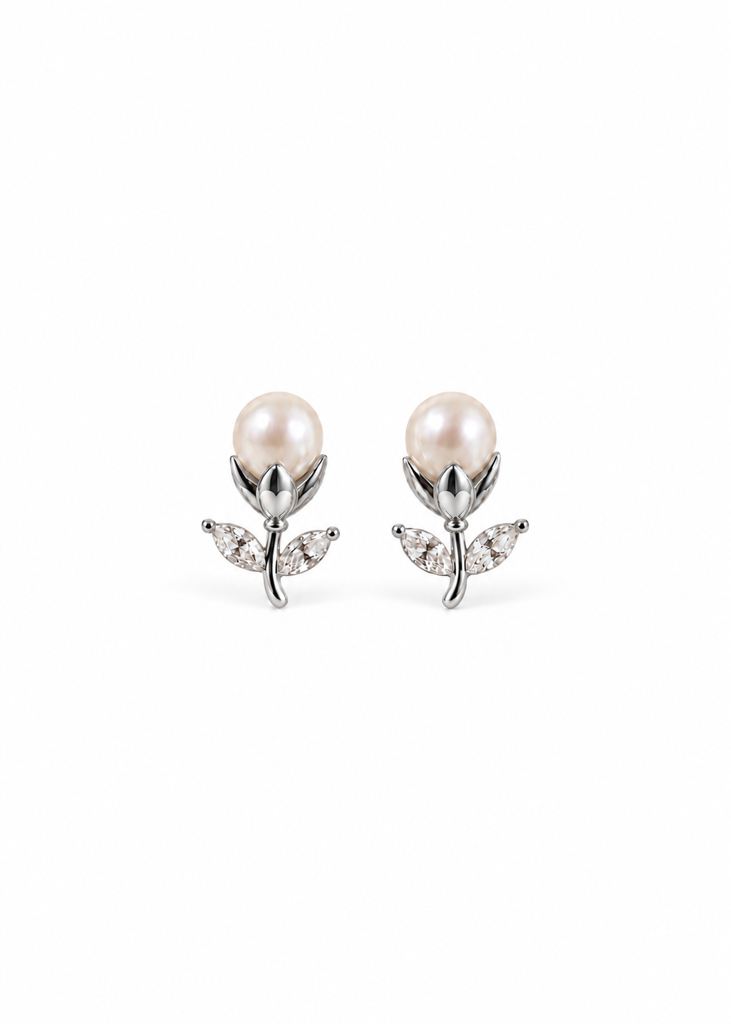 Tulip Stud Earrings with Freshwater Pearl — white background silver hero