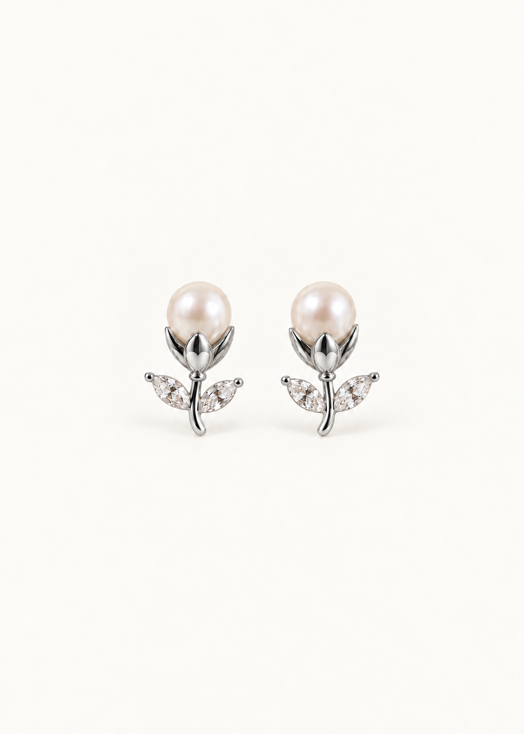 Tulip Stud Earrings with Freshwater Pearl — silver finish hero